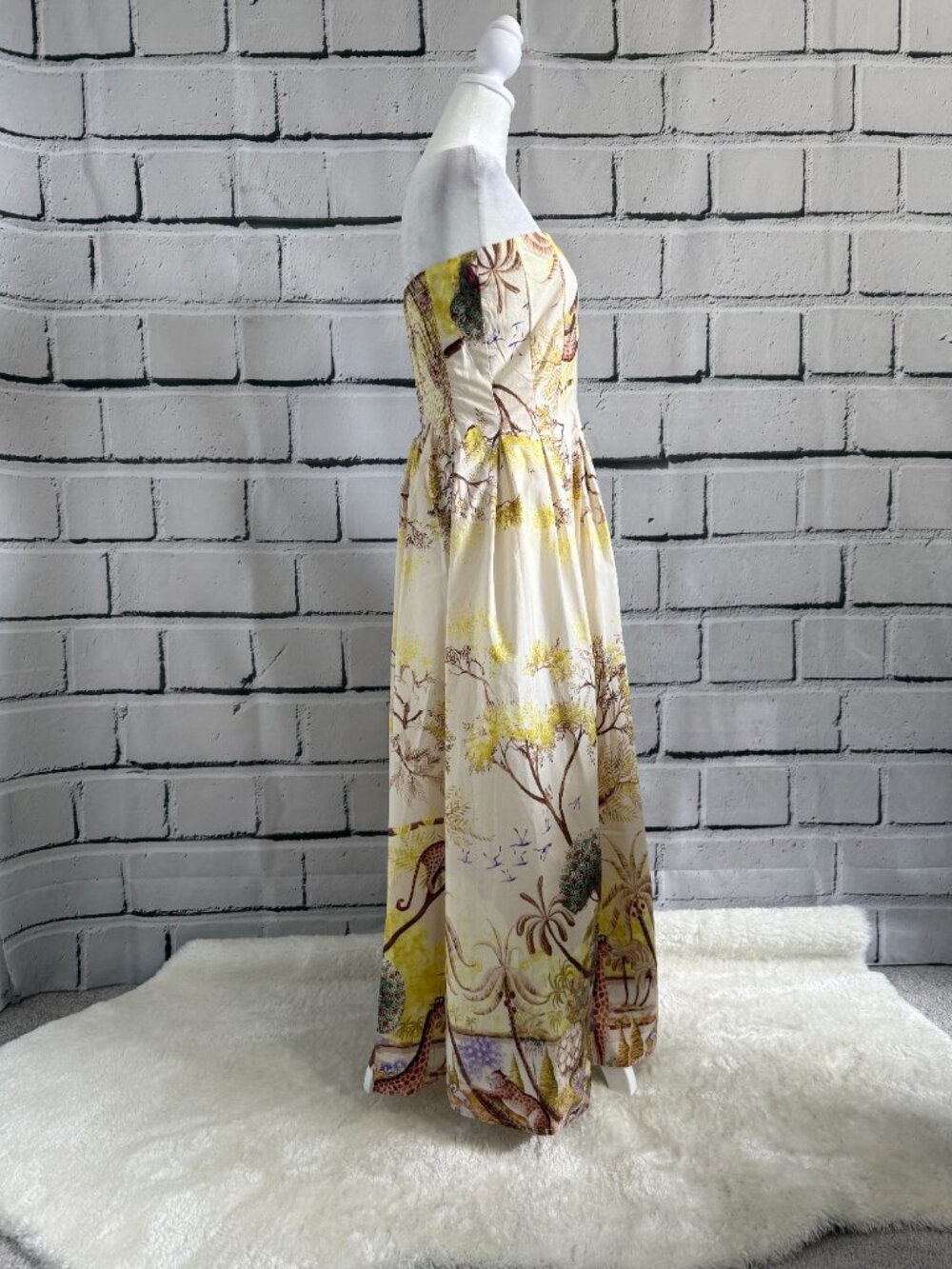 NWT Caroline Constas Safari Jungle Print Strapless Cotton Maxi Dress Smocked M - Picture 3 of 15